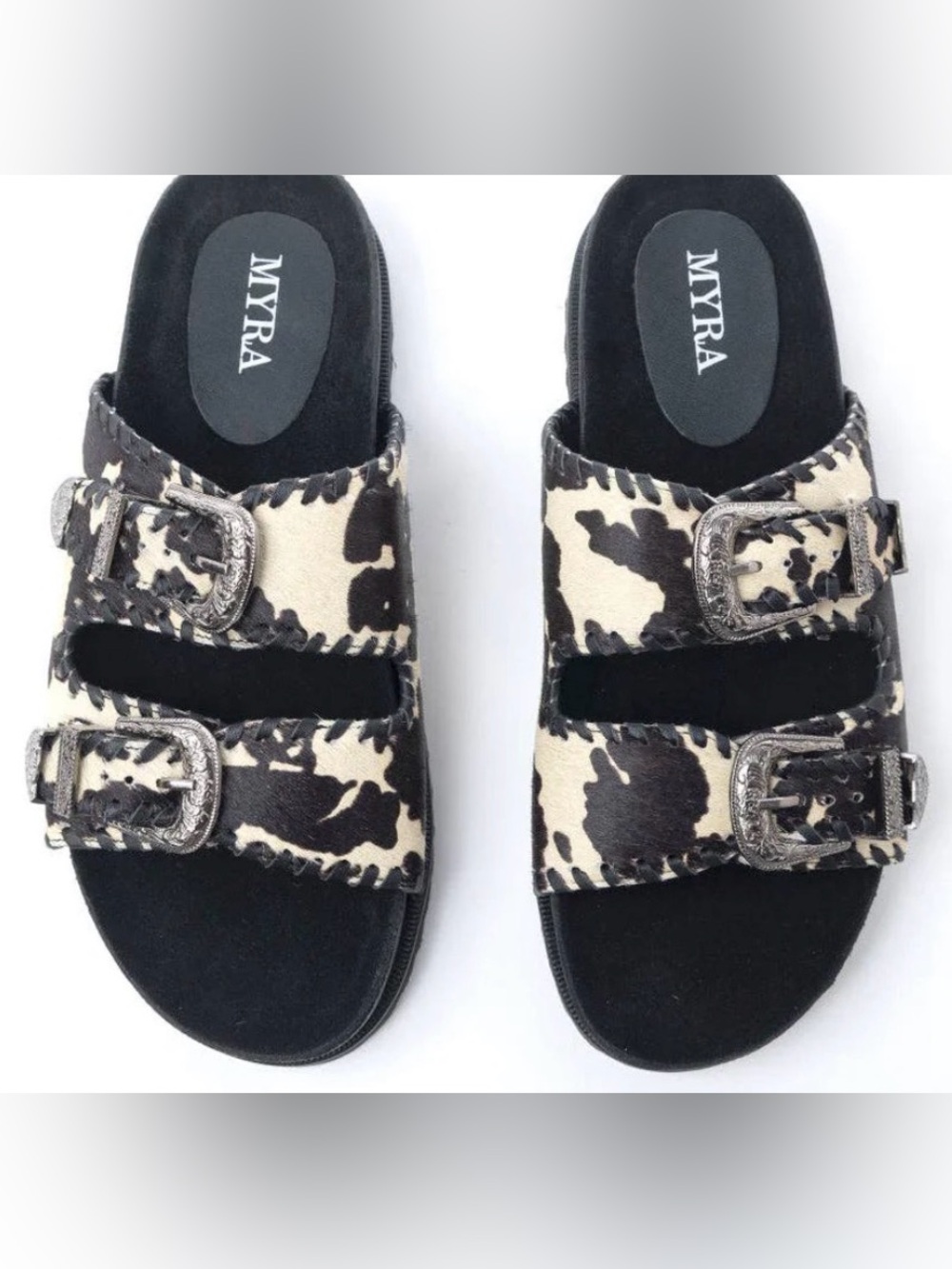 Myra Bag Cowhide Print Double-Buckle Coyote Crest Hairon Leather Sandals